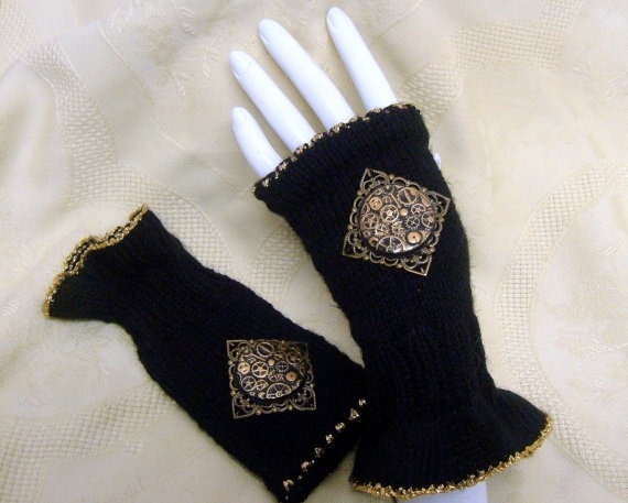 Steampunk mittens fingerless gloves black and brass hand knitted filigree with cog and gears womens clothing larp accessories winter warm by blackunicorndesigns steampunk buy now online
