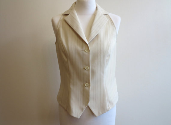 Off White Ivory Beige Striped Women's Formal Vest Fitted Waistcoat Steampunk Medium Size by ArtasStore steampunk buy now online