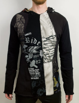 Distressed patchwork long sleeve hoodie in Gray and Black by PopLoveHis steampunk buy now online