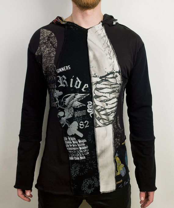 Distressed patchwork long sleeve hoodie in Gray and Black by PopLoveHis steampunk buy now online