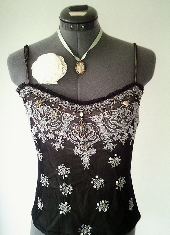 steampunk top, steampunk corset, beaded corset, corset top, victorian bustier, embroidered clothing, victorian corset, black beaded top by Fashionwithness steampunk buy now online