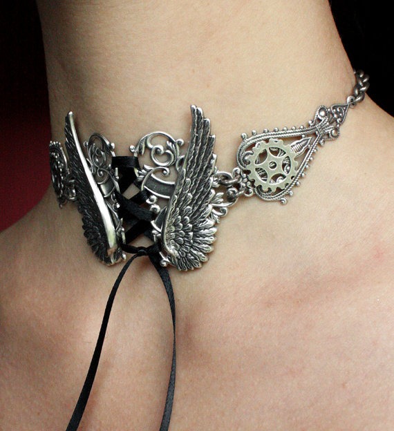 Steampunk choker Tattoo Angel's wings gears necklace Gothic neck corset by pinkabsinthe steampunk buy now online