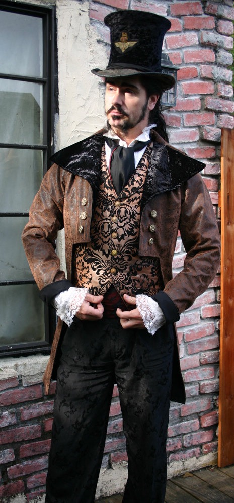 Brown and Black Tooled Faux Leather Steampunk Frock Cutaway Coat, Vest, Shirt and Cravat by dashandbag steampunk buy now online