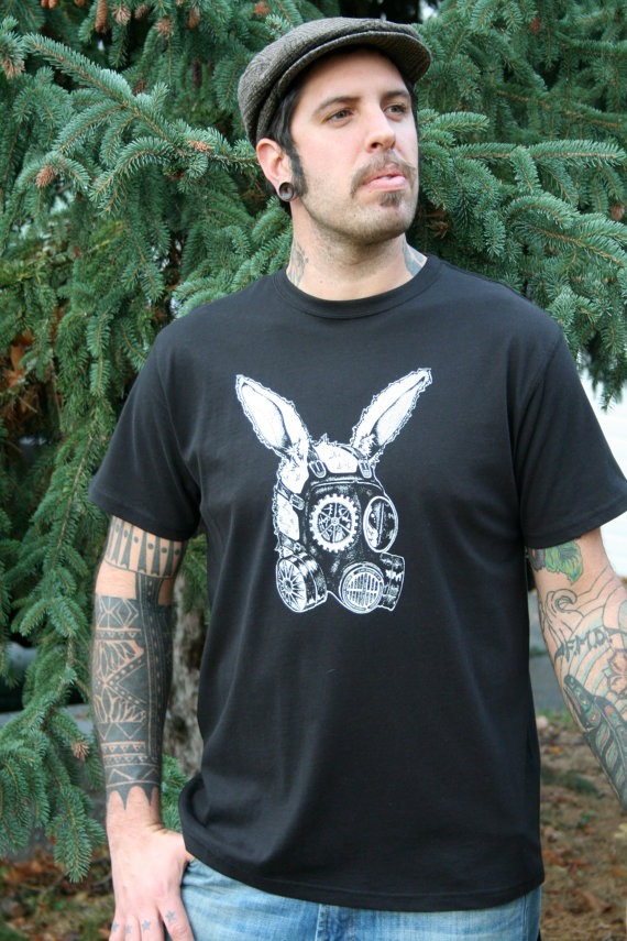 Gas Mask Rabbit Men's Black Organic Cotton Screen Printed T Shirt by SundialArtsApparel steampunk buy now online