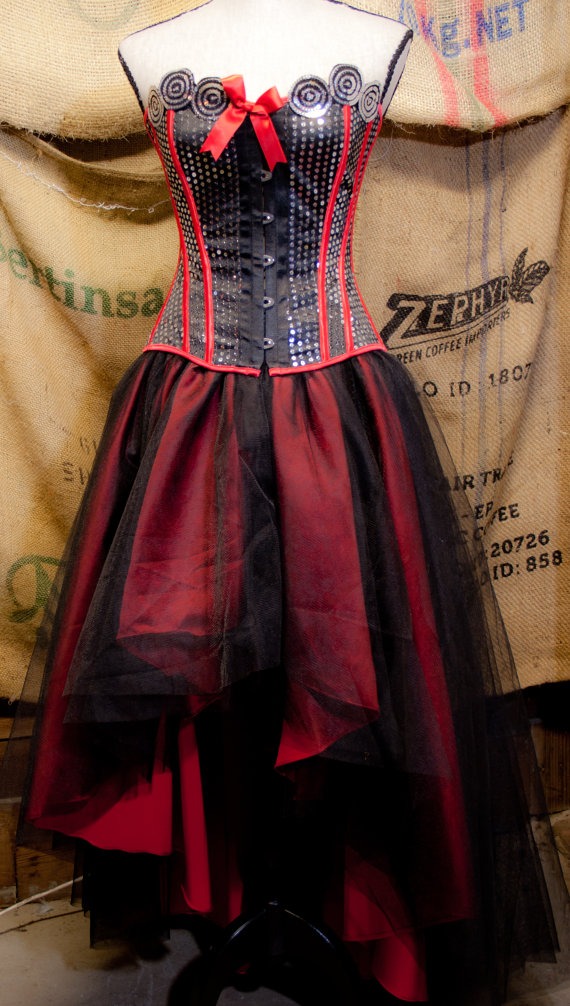 Prom Burlesque Corset Costume Steampunk gypsy dress with tulle tutu skirt, black and red by olgaitaly steampunk buy now online