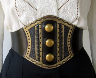Darling Brass Studded Tooled Black Leather Wide Corset Laced Belt by ContrivedtoCharm steampunk buy now online
