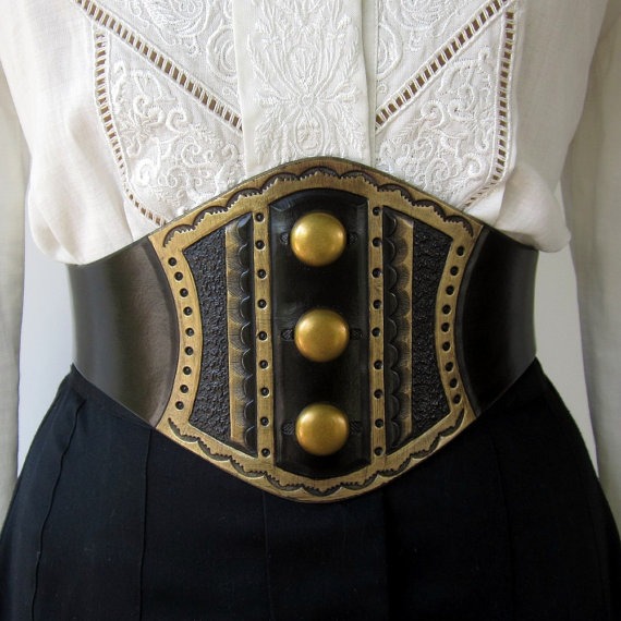 Darling Brass Studded Tooled Black Leather Wide Corset Laced Belt by ContrivedtoCharm steampunk buy now online