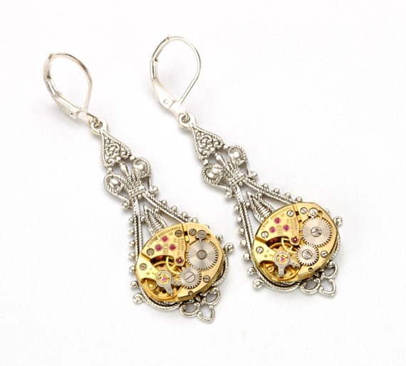 WEDDING Earrings GOLD SILVER Steampunk Bride Steampunk Vintage Watch Dangle Earrings Steampunk Wedding Jewelry by Victorian Curiosities by VictorianCuriosities steampunk buy now online