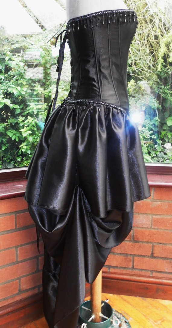 handmade Ooak goth steampunk burlesque black beaded satin corset long frilled satin bustle skirt by cindysboho steampunk buy now online
