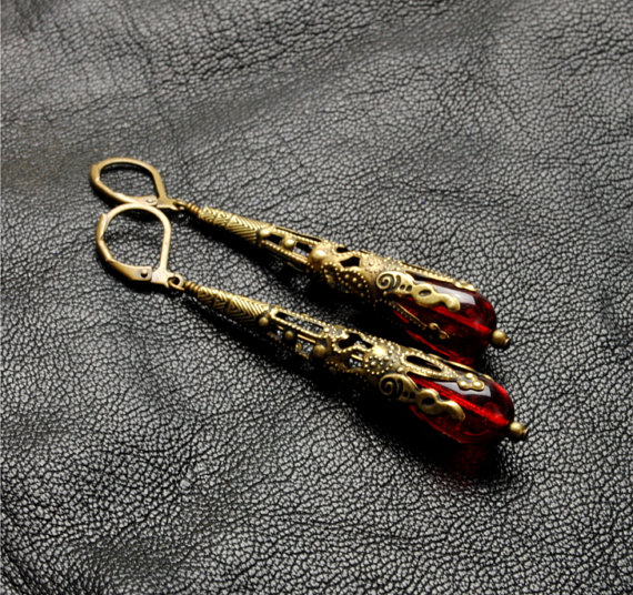 Gothic Earrings Gothic Jewelry Crimson Red Earrings Filigree Dangle Earrings Brass Steampunk Jewelry By Victorian Curiosities by VictorianCuriosities steampunk buy now online