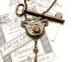 KEY Steampunk Necklace, Vintage Watch Necklace with Skeleton Key Rose in Antique Brass Steam Punk SteamPunk Jewelry by VictorianCuriosities. by VictorianCuriosities steampunk buy now online