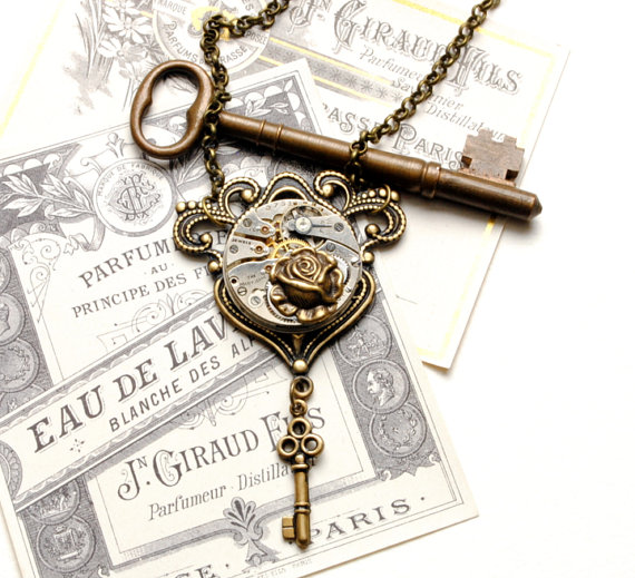 KEY Steampunk Necklace, Vintage Watch Necklace with Skeleton Key Rose in Antique Brass Steam Punk SteamPunk Jewelry by VictorianCuriosities. by VictorianCuriosities steampunk buy now online