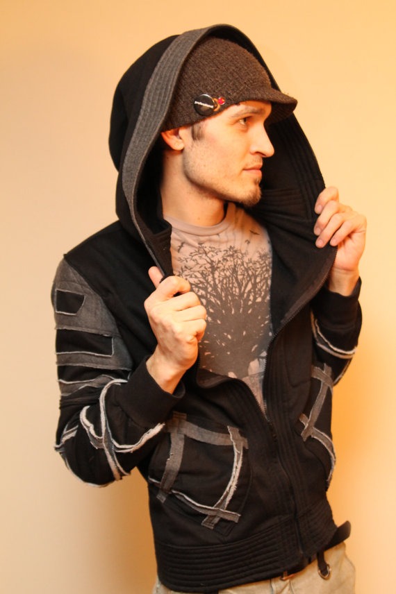 Black Steampunk style Hooded jacket W. Grey Accents by LostBoysRags steampunk buy now online