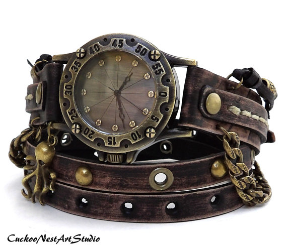 Steampunk Wrap Watch, Antique Brown Wrap around Watch, Womens leather watch, Vintage looking Bracelet Watch, Rustic Wrist Watch by CuckooNestArtStudio steampunk buy now online