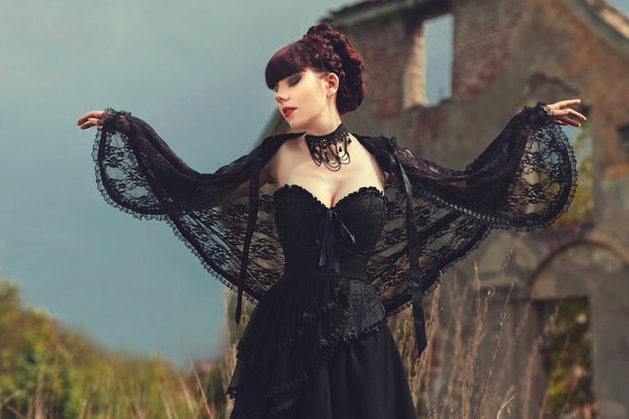 Gothic Victorian Vampire Elegant Burlesque Lolita black LACE CAPE with big hood by SophieAndHerStore steampunk buy now online