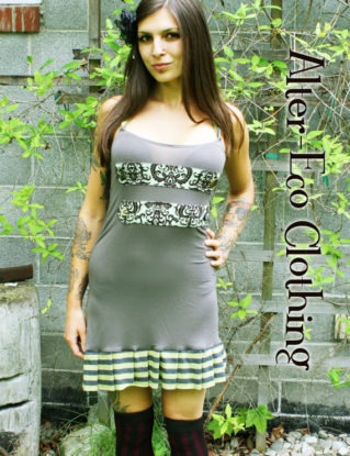 Ruffled SteamPunk DRESS - Stripes Stripe Army Green Organic Lace layered Eco - One of a Kind ooak by alterecoclothing steampunk buy now online