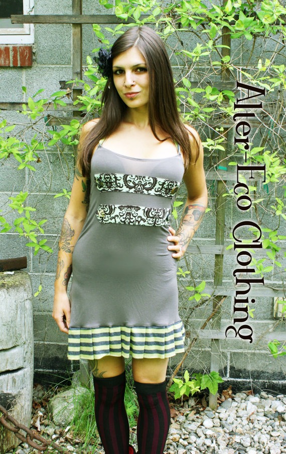 Ruffled SteamPunk DRESS - Stripes Stripe Army Green Organic Lace layered Eco - One of a Kind ooak by alterecoclothing steampunk buy now online