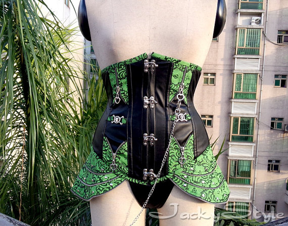 Burlesque Corset 2014 NEW Style High-End Fashion Steampunk Steel Boned Corset Black Faux Leather and Green Brocade Panels Waist Training by JackyStyle steampunk buy now online