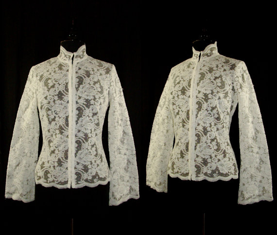 Vtg 80s High Collar SHEER LACE Bell Sleeve Victorian Goth White Blouse by SirenCallVintage steampunk buy now online