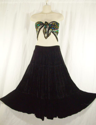 Vtg Crinkle Velvet Tiered Peasant Goth Witchy Boho Black Maxi Skirt by SirenCallVintage steampunk buy now online