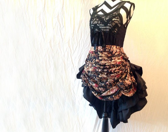 Gothic Steampunk Style Floral & Black Satin Ruffled Bustle Skirt by thecattery steampunk buy now online