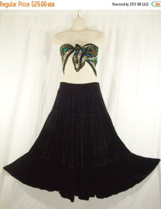 ON SALE Vtg Crinkle Velvet Tiered Peasant Goth Witchy Boho Black Maxi Skirt by SirenCallVintage steampunk buy now online