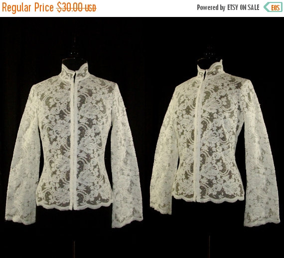 ON SALE Vtg 80s High Collar SHEER Lace Bell Sleeve Victorian Goth White Blouse by SirenCallVintage steampunk buy now online