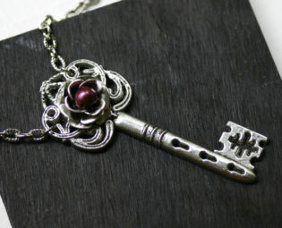 Silver Skeleton Key Necklace with Cranberry Pearl Rose by robinhoodcouture steampunk buy now online