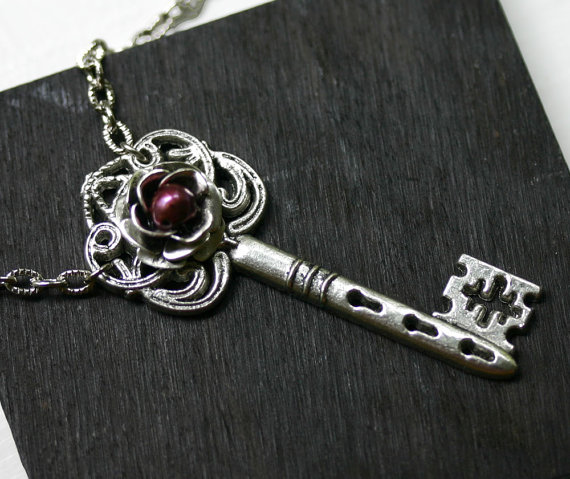 Silver Skeleton Key Necklace with Cranberry Pearl Rose by robinhoodcouture steampunk buy now online