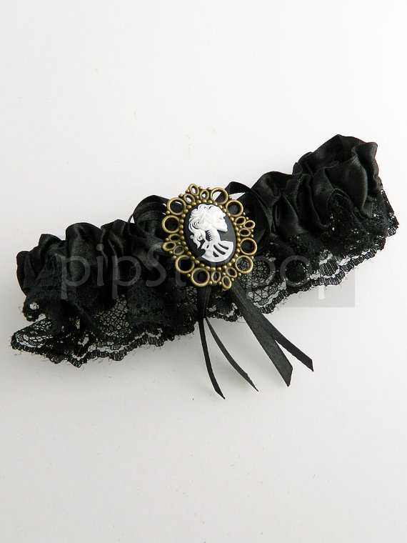 Black Garter - Gothic Death Maiden design with Black skull Cameo - for the vampyress in you - Neo Victorian Gothic accessories by PipStarPop steampunk buy now online