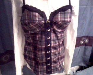 Black/White/Red Plaid Corset with black lace front - Steampunk or Pirate or Renaissance styles by TimeTravelersIntl steampunk buy now online