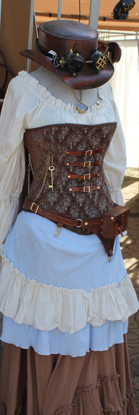 Custom Steampunk Brown and Light Blue Corset full outfit by SilverLeafCostumes steampunk buy now online