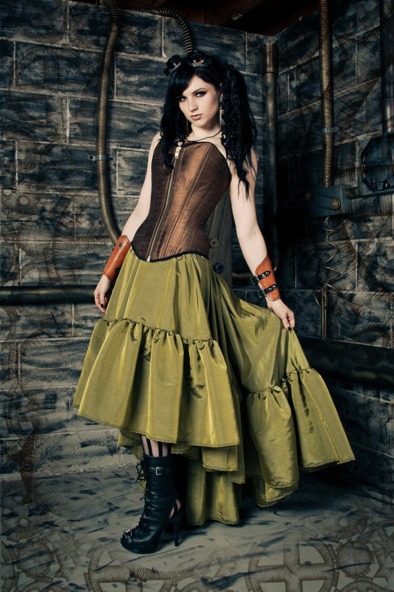Steampunk Skirt Pirate Renissance - Asymmetrical Hem in Olive Green with Ruffle -Custom to your size by KMKDesignsllc steampunk buy now online