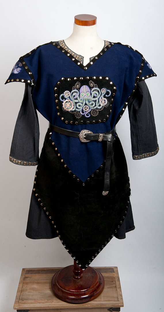 Nautical themed steampunk leather tabard in blue and black with mechanical octopus fish and gears larp by BarbwireandRoses steampunk buy now online