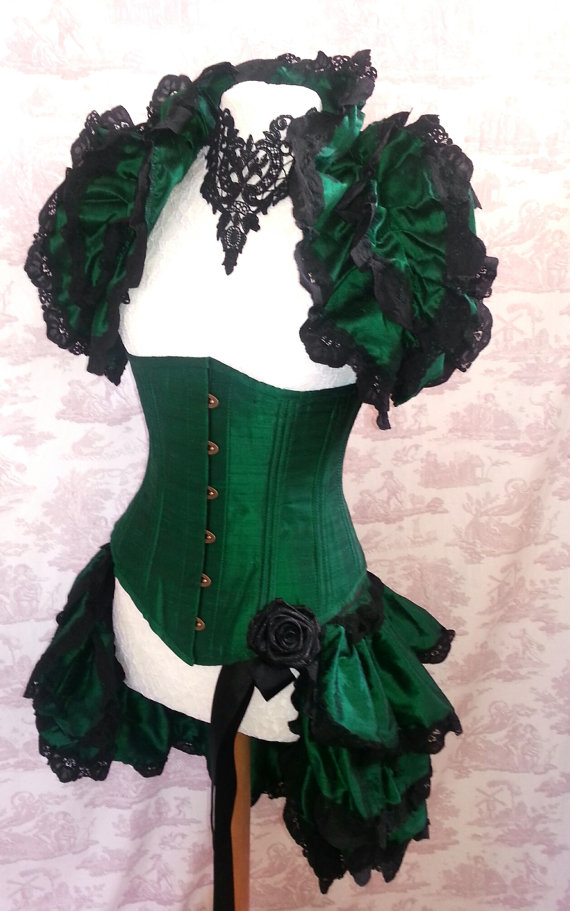 EMERALD Bustle Silk Tie On Bustle Skirt and shrug SET Lolita Victorian Gothic Wedding CLARET By Ophelias Folly by OpheliasFolly steampunk buy now online