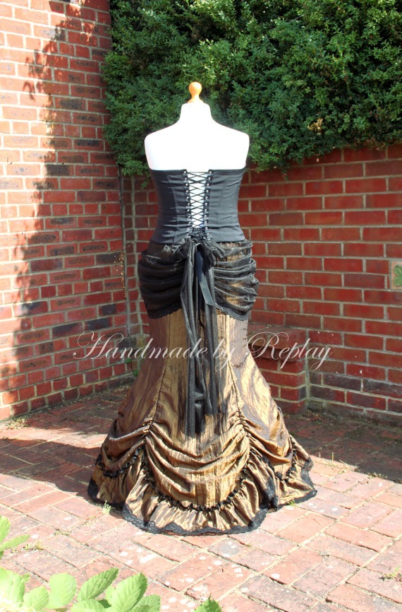 2 piece Victorian / Steampunk / Gothic Long Olive Gold Skirt size 10 12 14 16 18 20 22 24 train fishtail by handmadebyreplay steampunk buy now online