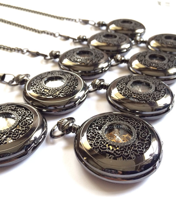 Set of 9 Personalized Engravable Pocket watches Mechanical Black Finish Groomsmen Gift VSM023 by Victorianstudio steampunk buy now online