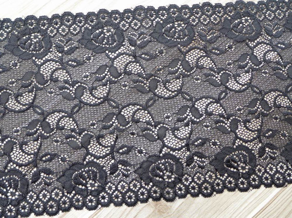 BLACK Stretch Lace Trim Wide Elastic Lace Fabric Women Headbands Lace Lingerie Design 7.87" wide 2 Yards by lacelindsay steampunk buy now online