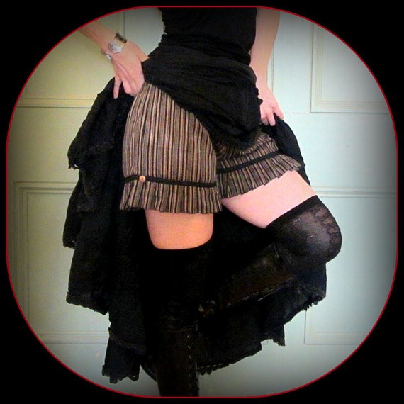 Steampunk Ruffle Shorts ~ Knickers Bloomers ~ Brown Stripes or Black Solid ~ Festival Fun ~ Victorian Lolita Cosplay Mori Girl by TalismanaDesigns steampunk buy now online