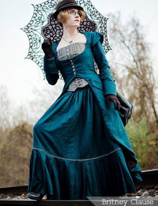 Miss Giselle goes undercover ~ Victorian Steampunk 3-piece ensemble in denim or twill ~ skirt bustier and long corset jacket by porshesplace steampunk buy now online