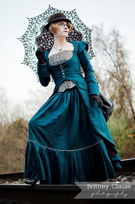 Miss Giselle goes undercover ~ Victorian Steampunk 3-piece ensemble in denim or twill ~ skirt bustier and long corset jacket by porshesplace steampunk buy now online