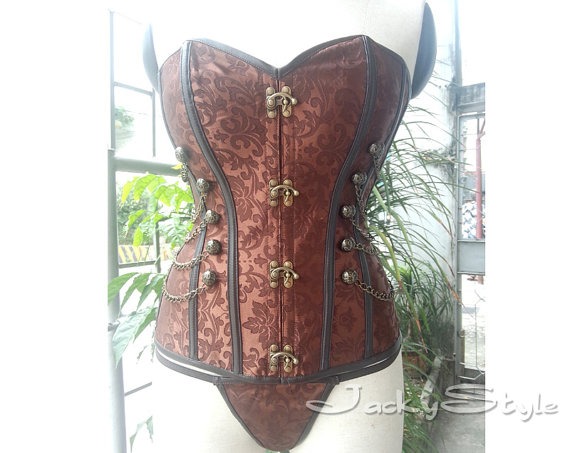 Steampunk Corset Bustiers With Chain Brown Gothic Bustier Steel Boned Corset Top Victorian Inspired Overbust Corset by JackyStyle steampunk buy now online