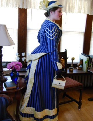 Victorian Gown, Steampunk Walking Dress, original design, stunning 1880's couture yellow silk and blue striped cotton by TwilightAttire steampunk buy now online
