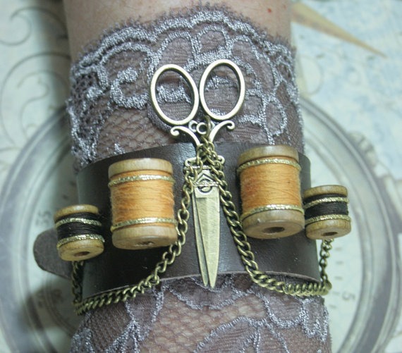 Seamstress steampunk cuff, steampunk cuff, leather bracer, dressmaker cuff bracelet, leather sewing cuff by SteampunkCorporation steampunk buy now online