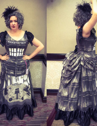 Tardis Noir Victorian Steampunk Bustle Gown Custom Sized Black and White or Traditional Blue by TracyMichelleCouture steampunk buy now online