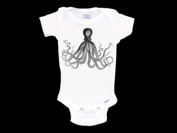 Octopus Baby Onesie - Modern Toddler Onsie, Minimalist Infant Ocean Apparel, Unique Baby Romper, Black and Grey Youth Steampunk Shirt by TreeHouseApparel steampunk buy now online