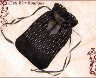 1800's Civil War Victorian Black Hand Crochet drawstring RETICULE PURSE with Pearls and Rose by CivilWarBoutique steampunk buy now online