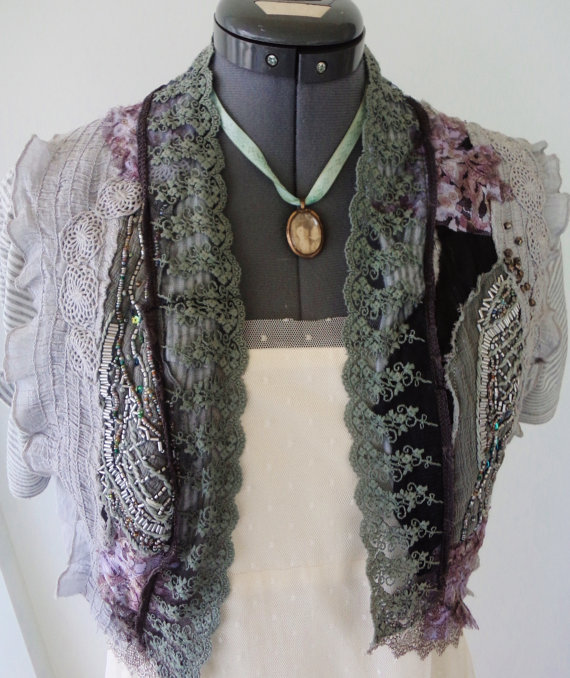 couture jacket, steampunk jacket, victorian jacket, hand embellished, hand beaded, vintage lace, silver beadwork, lace appliques by Fashionwithness steampunk buy now online