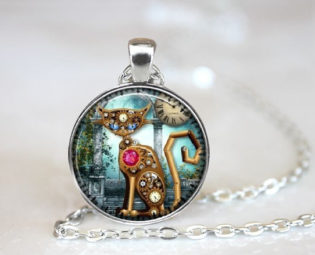 Steampunk Cat Necklace Handcrafted Made to Order One Inch Glass Pendant by PendantsPlusbyK steampunk buy now online