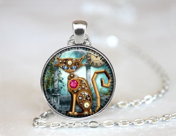 Steampunk Cat Necklace Handcrafted Made to Order One Inch Glass Pendant by PendantsPlusbyK steampunk buy now online